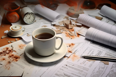 Juggling Priorities: The Race Against Time in a Sea of Papers and a Cup of Coffeeの素材