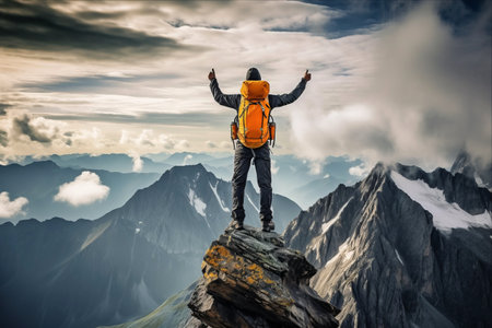 Conquering New Heights: A Hiker's Triumph towards Success, Freedom, and Happiness atop a Majestic Mountain Peakの素材