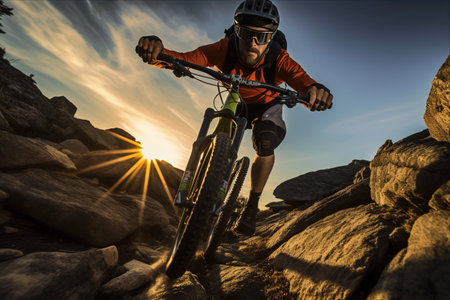 Conquering the Rocks at Sunrise: An Adventurous Cyclist on a Mountain Bikeの素材