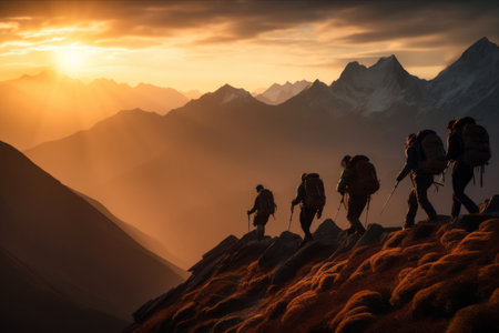Unity in the High Peaks: Asian Hikers Supporting Each Other Against a Sunlit Mountain Backdropの素材