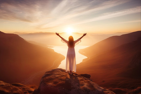 Euphoric Triumph: Embracing Success at Sunrise - A Captivating Image of a Hiker in a White Dress on a Mountain Peakの素材