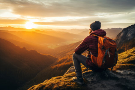 Embracing Adventure: A Man's Serene Sunrise Hike, Living an Active and Healthy Lifestyleの素材