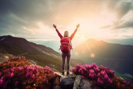 Embracing the Summit: A Hiker's Triumph Surrounded by Pink Rhododendron Bloomsの素材