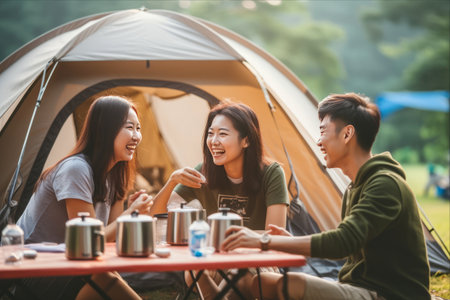 Embracing the Outdoors: Asian Friends Delight in Hiking and Camping Adventures, Savor Morning Coffee by the Campの素材
