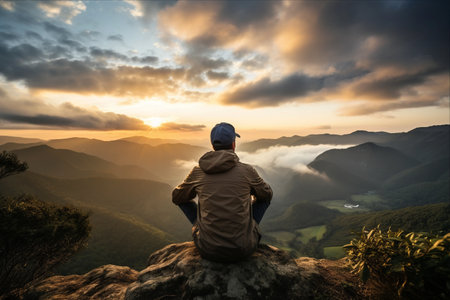 Serenity at the Summit: A Hiker's Adventure Break in the Majestic Mountains at Sunsetの素材