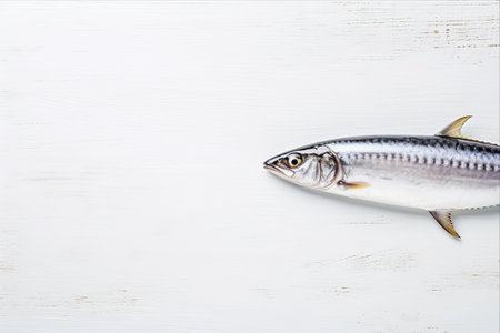 Freshest Mackerel on a White Wooden Background: A Captivating Top-View Shot Offering Free Copy Spaceの素材