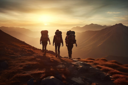 Journeying Towards the Horizon: A Quartet of Adventurers Trekking through Mountainous Landscapes at Sunsetの素材