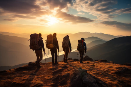 Adventurous Journey: A Group of Four Hikers Embrace the Majestic Mountains at Sunsetの素材