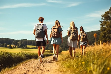 Nature's Best Companion: Young Adventurers Embrace Serene Countryside Hikeの素材