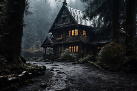 Enchanting Retreat: Exploring a Rustic House in the Forest -- AR 3:2の素材