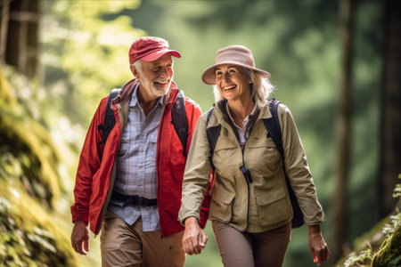 Unyielding Love: A Senior Pensioner Couple Hand-in-Hand on a Nature Hikeの素材