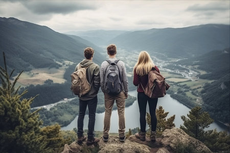 Adventurous Group of Friends Embracing the Stunning Mountainscape and Finding Serenity - AR 3:2の素材