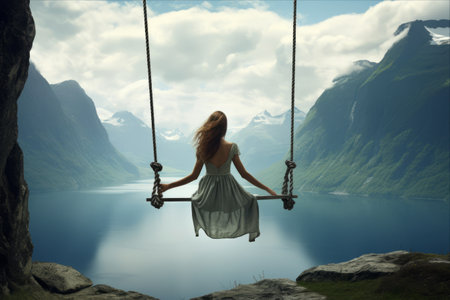 Enchanting Harmonies: A Captivating Journey with a Young Woman and Fjord Norway's Breathtaking Beautyの素材