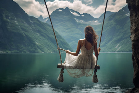 Captivating Dreamscapes: A Beautiful Young Woman on the Swing Amidst Norway's Majestic Fjordsの素材