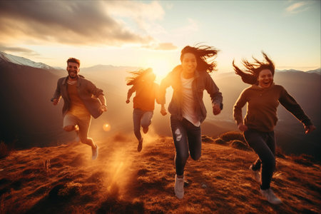 Sunset Adventure: Joyful Group of Friends Running and Jumping in Majestic Mountainsの素材