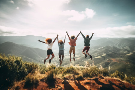 Thrilling Wild Adventure: Happy Hikers Jumping on the Hill during a Memorable Hiking Holidayの素材