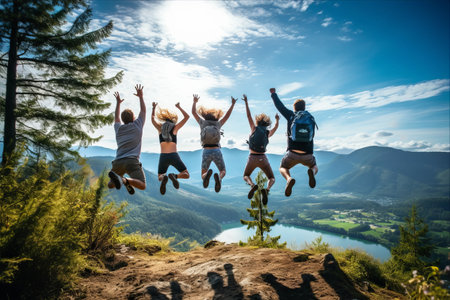 Exhilarating Hiking Holiday: A Wild Adventure with Joyful Hilltop Jumping - AR 3:2の素材