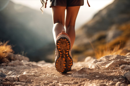 Trailblazing through the Mountains: An Inspiring Shot of Female Legs Running with Sports Shoes and Backpackの素材