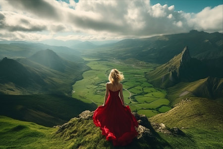 Enchanting Perspectives: A Blithe Blond Maiden Gazing Upon a Heavenly Mountain Valleyの素材