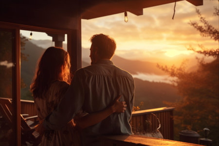 Enchanting Summer Evening: Hipster Couple Embracing on Porch, Basking in the Splendor of Mountains at Sunsetの素材