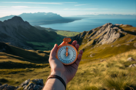 The Majestic Summer Landscape: A Male Hand with Compass amidst Breathtaking Mountains -- AR 3:2 Perspectiveの素材