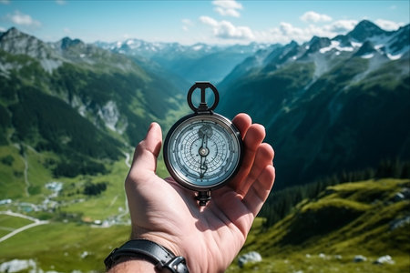 Exploring the Boundless Horizons: Male Hand Guiding a Compass amidst Majestic Summertime Mountainsの素材