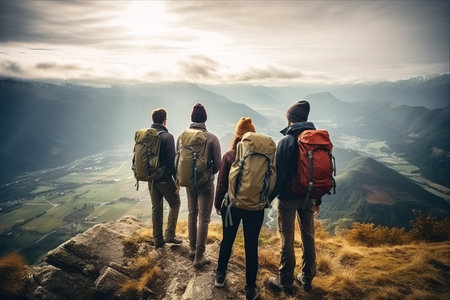 Summit Bliss: A Weekend Trekking Adventure - Uniting Happy Backpackers on Mountain Peaks - Celebrating Sport, Travel, and Hikingの素材
