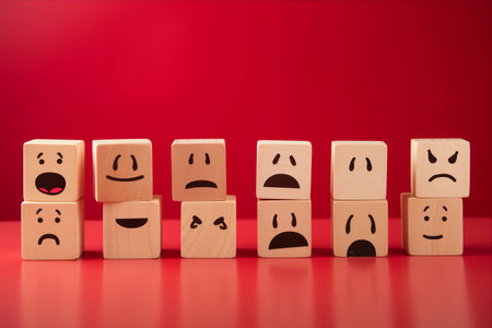 Vibrantly Displaying Exclamation Marks: Wooden Blocks on a Striking Red Background - AR 3:2の素材