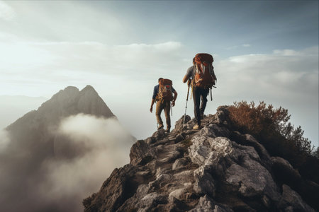 Conquering Heights: Male Hikers Scaling Mountains Under Vast Sky --ar 3:2の素材