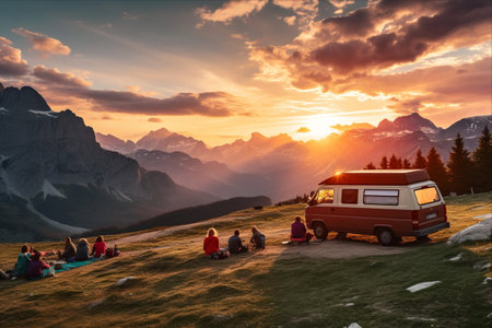 Serene Sunset Views: Captivating Camper Van Scene in Durmitor National Park, Montenegroの素材