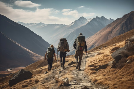 Ascending Peaks: Adventurous Trio Trek in Majestic Mountainsの素材