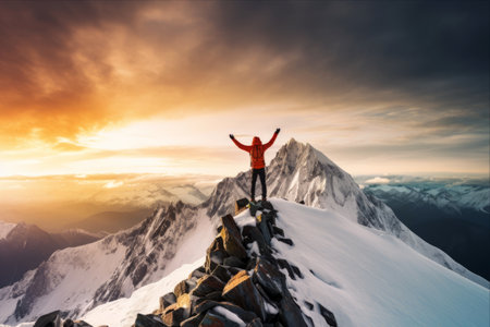 Conquering the Summit: A Triumphant Male Mountain Climber on Snowy Peakの素材