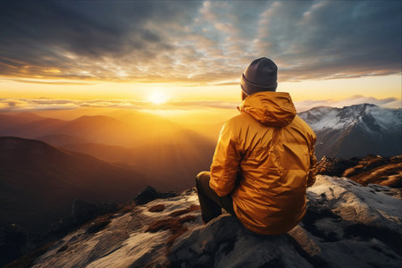 The Solitary Mountaineer: A Tranquil Moment on the Mountain Peakの素材