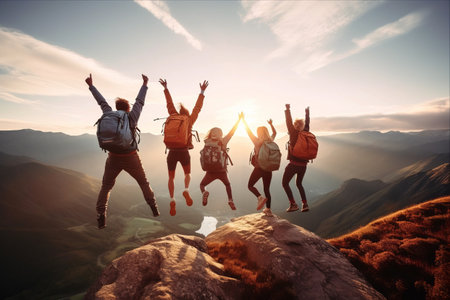 Mountain Top Triumph: Young Friends Trekking to Victoryの素材