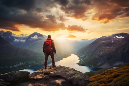 Solitary Adventurer: A Backpacker Embracing Norway's Majestic Mountain Trails at Sunsetの素材