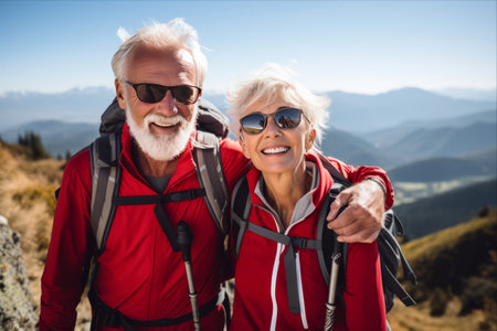 Embracing the Wilderness: A Joyful Journey of an Active Senior Caucasian Couple through the Majestic Mountainsの素材