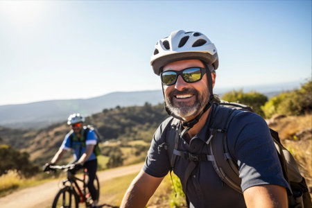 Adventure in the Mountains: Caucasian Male Cyclist Enjoys E-Bike Ride with Friends, Embracing Safety and Scenic Viewsの素材