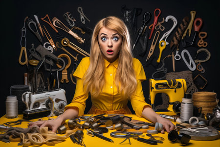 The Surprising Recall: A Caucasian Woman Seamstress in her Yellow Studio Engages in a Shocking Revelation of an Important Meetingの素材