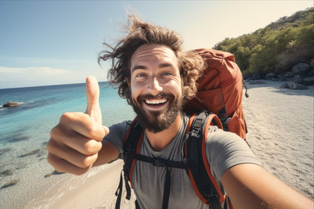 Capturing Summer Bliss: Youthful Backpacker Radiates Joy and Triumph at the Beachの素材