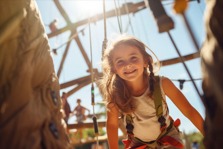 Sunny Summer Adventures: A Delightful Little Girl Conquers the Climbing Adventure Parkの素材