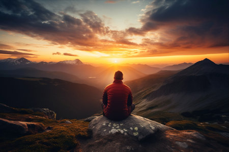 Solitude at Sundown: A Man's Serene Escape on the Mountain Summitの素材