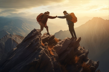 Ascending Together: A Man's Resilient Support in Conquering the Mountain Rock Cliffの素材