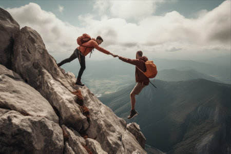 Beacon of Support: A Friend's Helping Hand on the Mountain Rock Cliffの素材