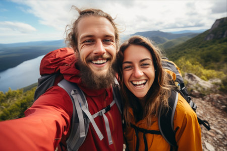 Peak of Happiness: Millennial Hikers Capture Joy on Mountain Summitの素材
