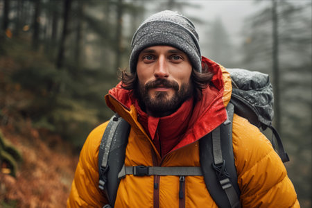 Embracing the Wilderness: Adventurous Man Conquering Mountain Trails with Cold Weather Gearの素材