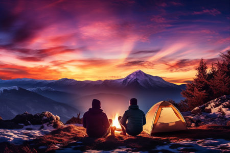 Immersed in Nature's Splendor: A Magical Night Camping Experience Under the Majestic Sunset Sky in the Mountainsの素材