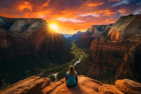 Redefining Boundaries: A Fearless Woman Gazing into the Majestic Sunset of Zion National Park's Enchanting Canyonの素材