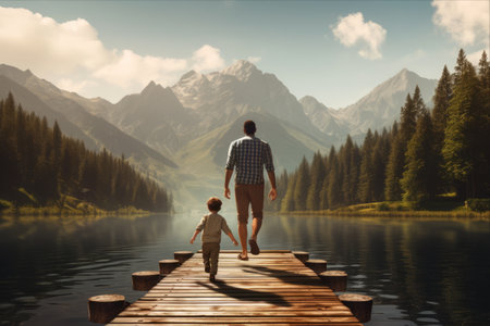 Swinging Legs: A Moment of Bonding Between Father and Son on a Mountain Lake Pierの素材