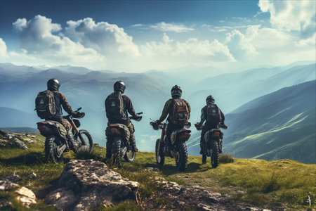 Thrilling Adventure: Off-Road Motorcyclists Embrace Breathtaking Valley Vista on Cliff's Edge - AR 3:2の素材