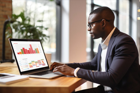 Driving Business Success: African American Man Leveraging Data Analytics and Strategic Planning in a Co-working Spaceの素材